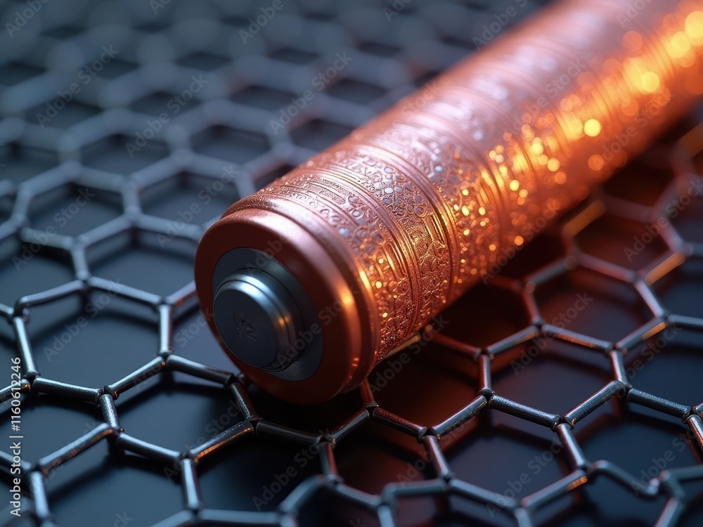 Poster closeup exploration of a graphene battery showcasing intricate design and structure under a high-res