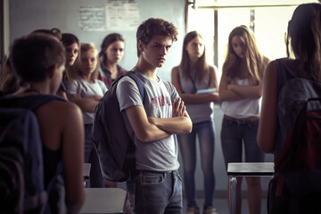 Obraz premium A classroom scene where one student is being ignored while others gather in small groups.