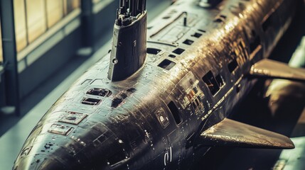 A model of a submarine displayed in a museum, suitable for educational or historical purposes