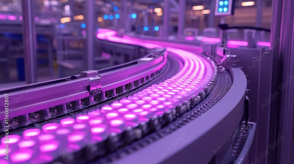 Poster Pharmaceutical conveyor belt in a factory with automated processes for mass production of prescription vials.