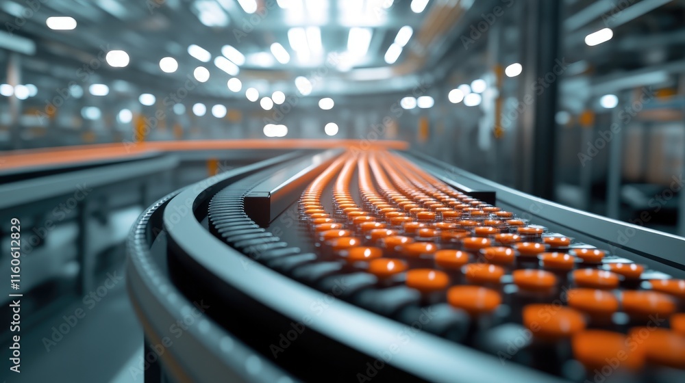 Poster Pharmaceutical conveyor belt in a factory with automated processes for mass production of prescription vials.