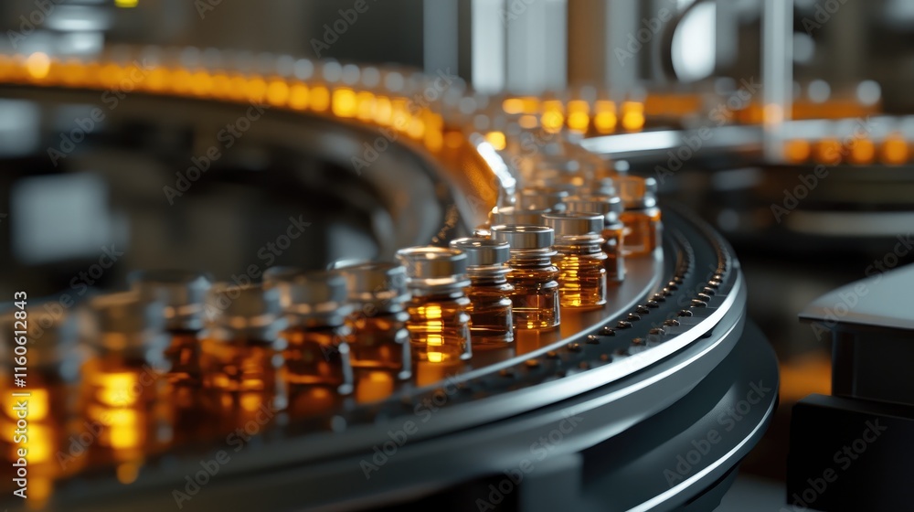 Poster Pharmaceutical conveyor belt in a factory with automated processes for mass production of prescription vials.