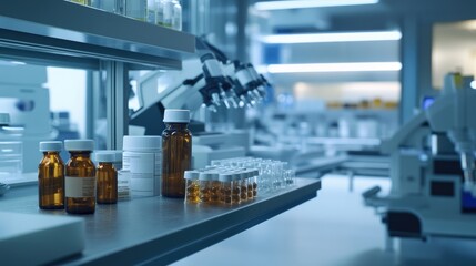 Pharmaceutical medicine bottles on a workbench in a research laboratory, emphasizing healthcare innovation with space for side copy.