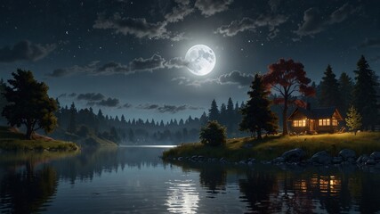 A serene night landscape featuring a full moon reflecting on a calm lake surrounded by a dark forest.