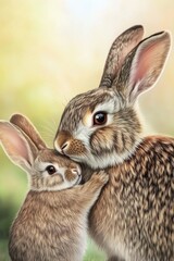 Fototapeta premium Two rabbits stand side by side in a natural setting