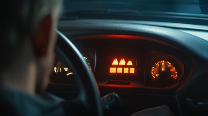 Car with engine warning lights illuminated on a dashboard. Featuring a driver looking concerned