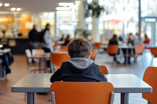 A lonely child sitting in the corner of a cafeteria while others gather in groups.