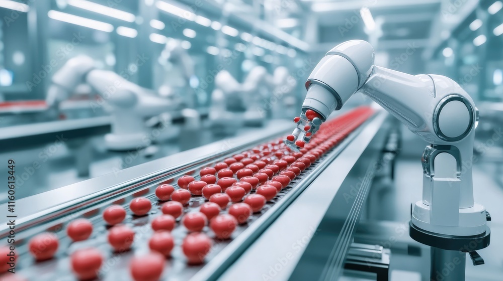 Poster pharmaceutical robot working with red pills on a conveyor belt, illustrating the precision and effic