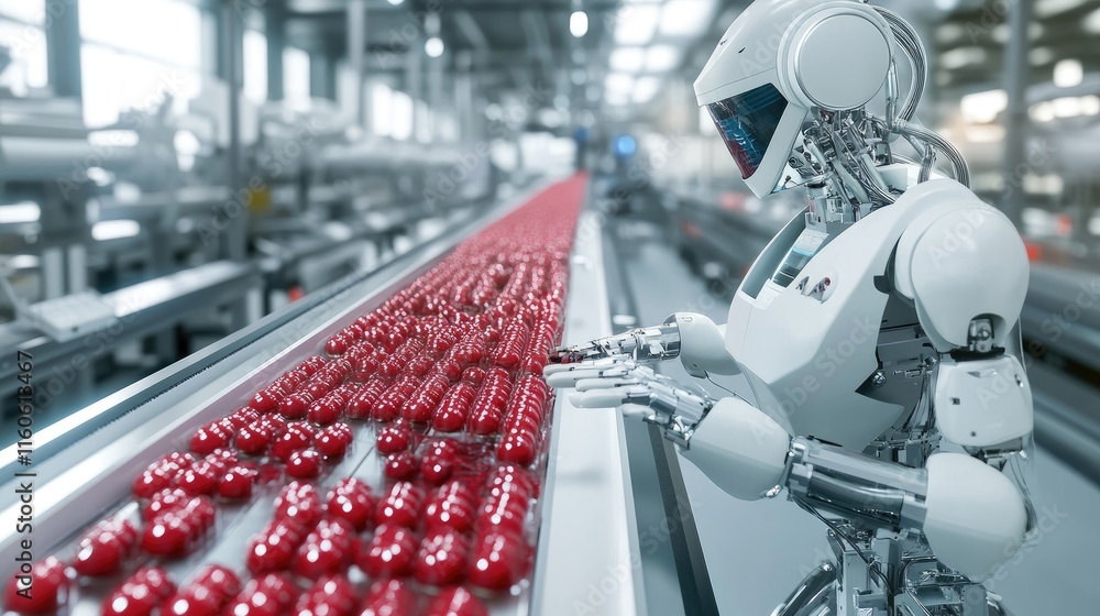 Poster Pharmaceutical robot working with red pills on a conveyor belt, illustrating the precision and efficiency of automation in drug production.