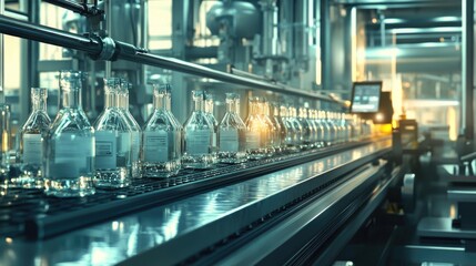 Pharmaceutical production line featuring glass bottles on a fully automated conveyor, demonstrating innovation in manufacturing.