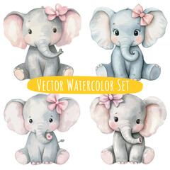 Watercolor Baby Elephants Set   Whimsical Illustrations