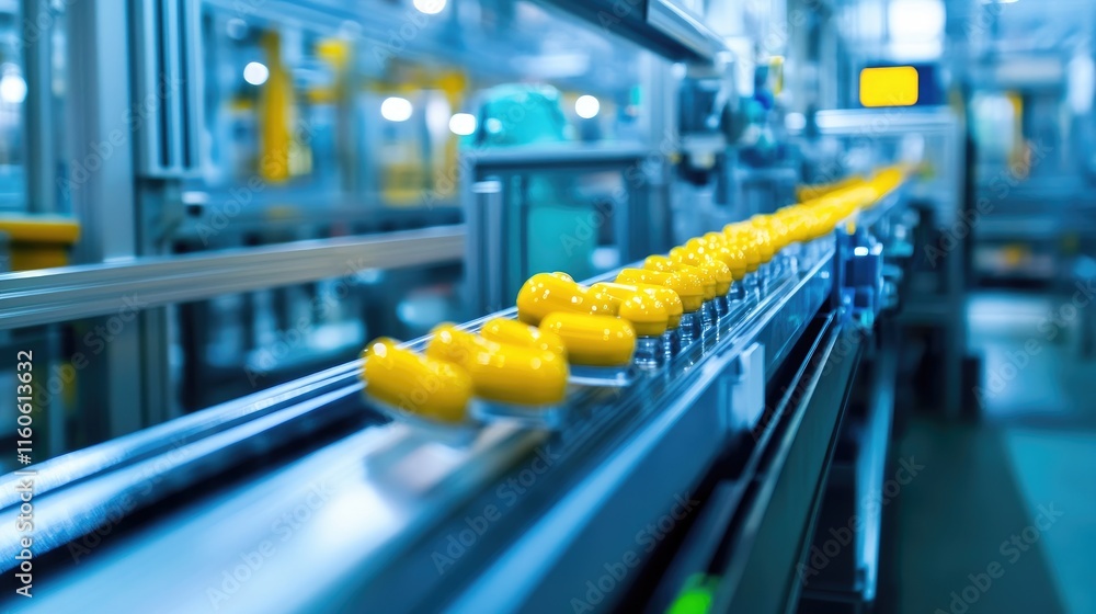 Poster pills moving along an automated conveyor in a pharmaceutical factory, highlighting the speed and pre