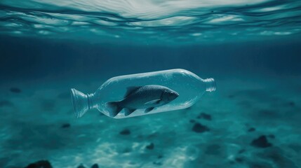Fototapeta premium Plastic bottle floating in the ocean with a fish trapped inside, highlighting the issue of plastic pollution and its impact on marine life.