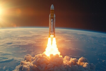 Naklejka premium A space shuttle lifting off into the sky