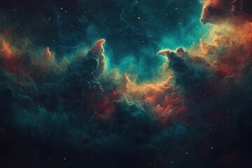 Obraz premium Colorful clouds swirl in a vast expanse of deep space, illuminated by twinkling stars, showcasing the beauty and mystery of the universe during a serene cosmic moment.