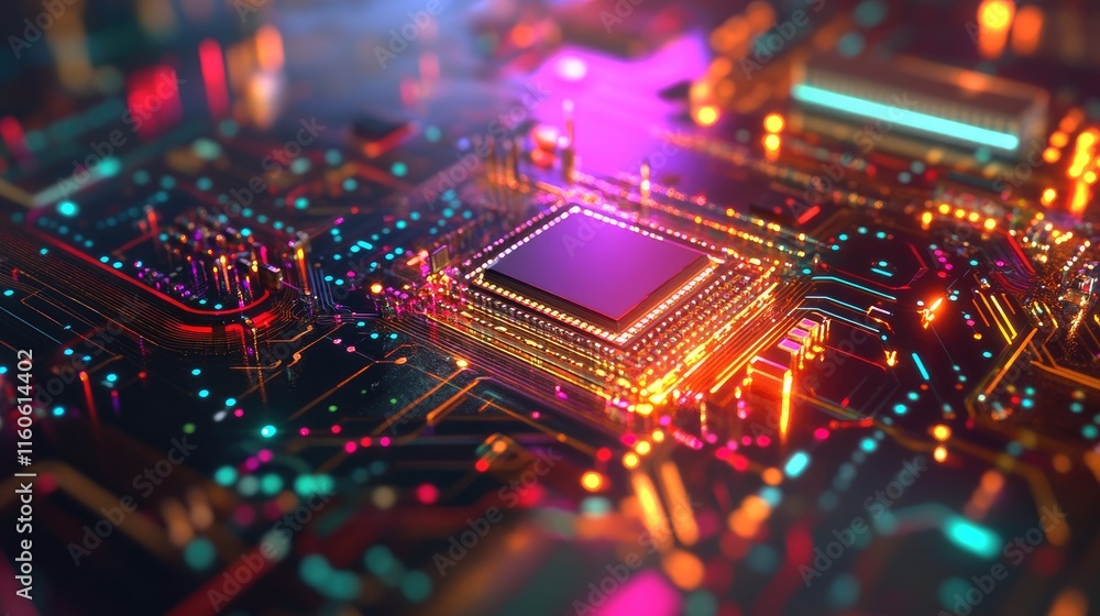 Poster Process of examining a microchip transistor under a microscope in a laboratory, part of PCB production and microchip testing for automation.