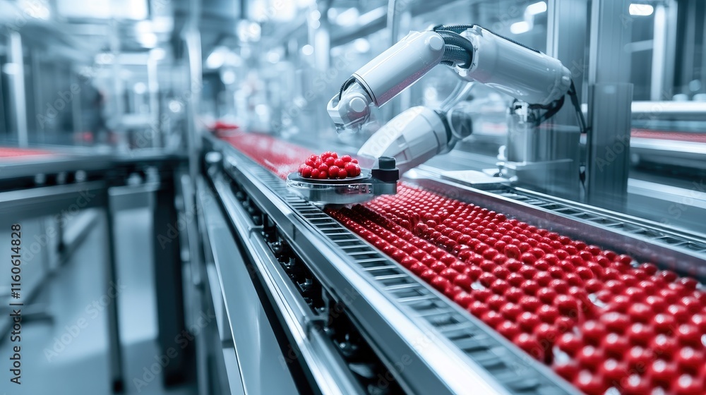 Poster robot working efficiently on a conveyor belt, sorting red pills in a modern pharmaceutical productio
