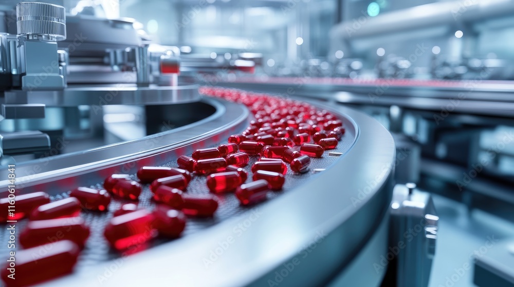 Poster robot working efficiently on a conveyor belt, sorting red pills in a modern pharmaceutical productio