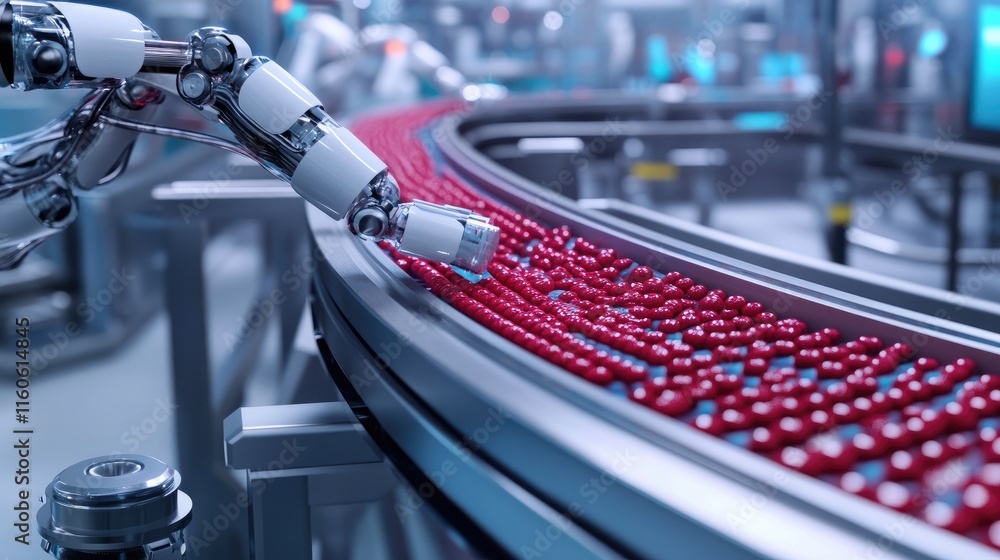 Poster robot working efficiently on a conveyor belt, sorting red pills in a modern pharmaceutical productio