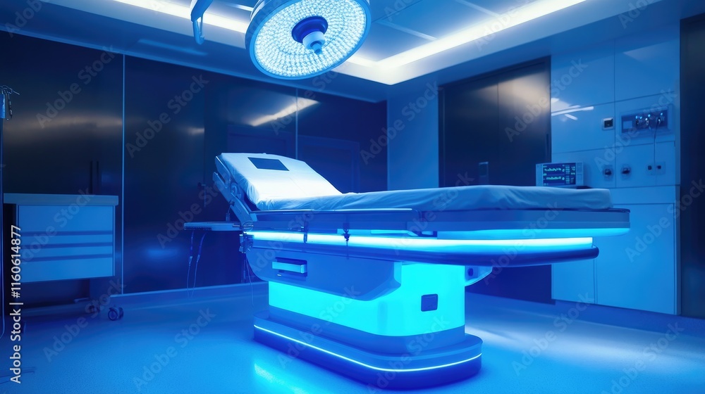 Poster Robot-controlled surgical table with bright blue lighting, symbolizing innovation and precision in robotic surgery and healthcare technology.