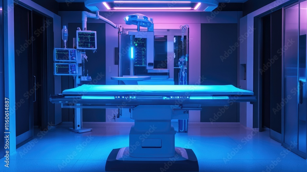 Aufkleber robot-controlled surgical table with bright blue lighting, symbolizing innovation and precision in r