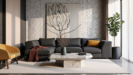 Generative AI, Modern Minimalist Living Room with Bold Textures and Vibrant Color Contrasts