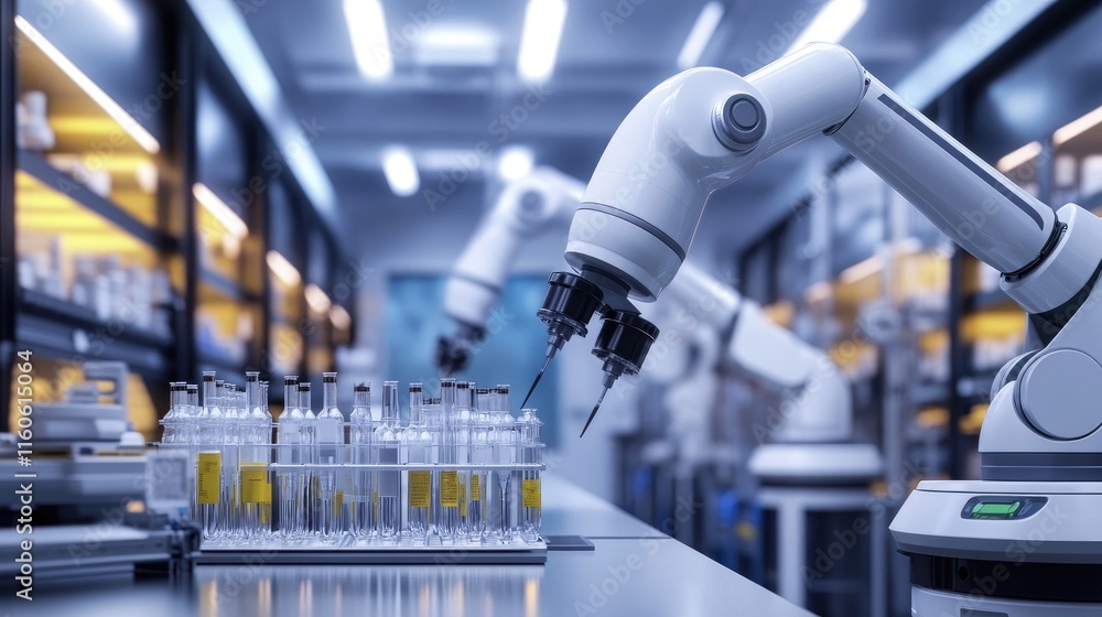 Aufkleber Robotic automation in a laboratory, with machines running tests, managing samples, and streamlining workflows for accuracy.