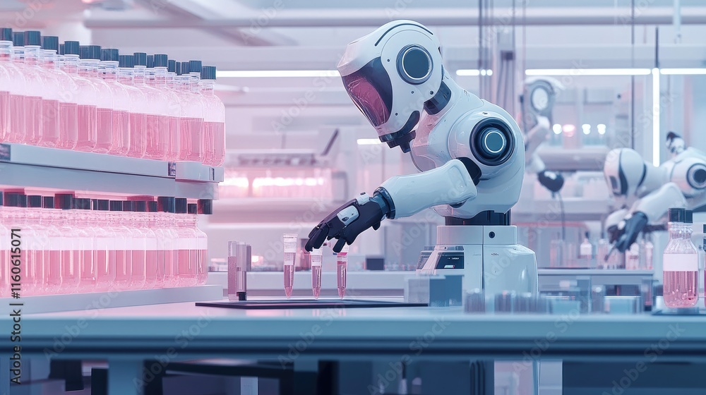 Poster Robotic automation in a laboratory, with machines running tests, managing samples, and streamlining workflows for accuracy.