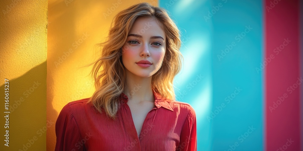 Poster a person stands in front of a vibrant colored wall with various shapes and patterns