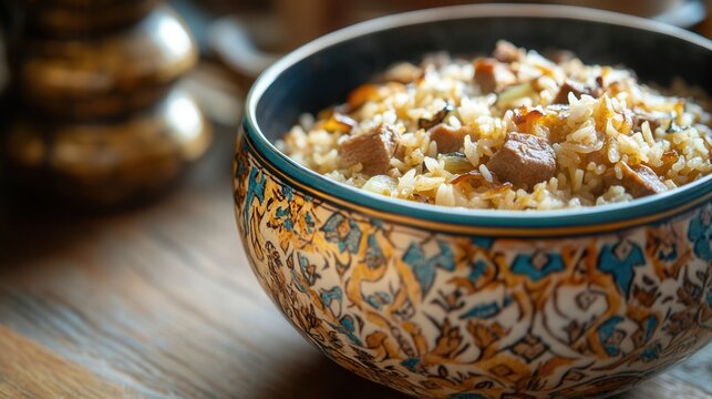 a hearty Uzbek pilaf featuring devzira rice, succulent lamb, and caramelized onions, served in a traditional patterned dish. 