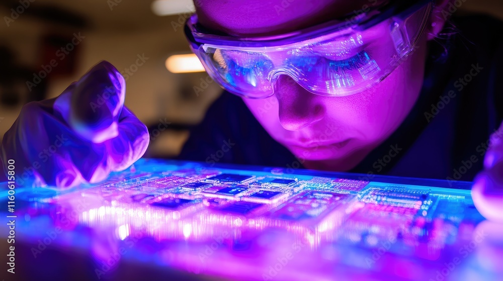 Poster Scientist examining a test sample of a microchip transistor under a microscope in the lab, part of automated PCB production.