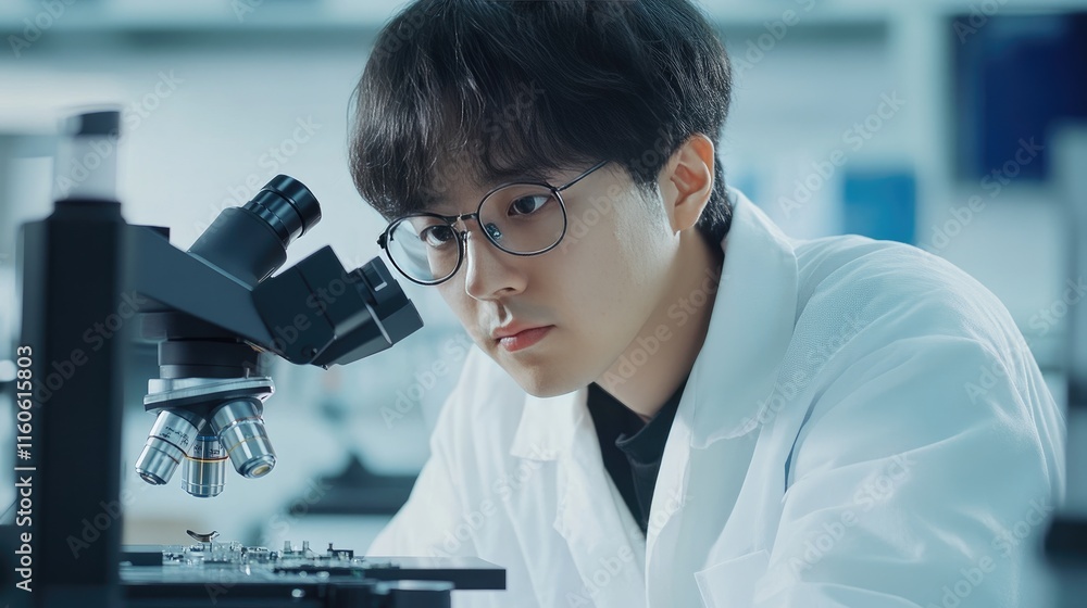 Poster Scientist examining a test sample of a microchip transistor under a microscope in the lab, part of automated PCB production.