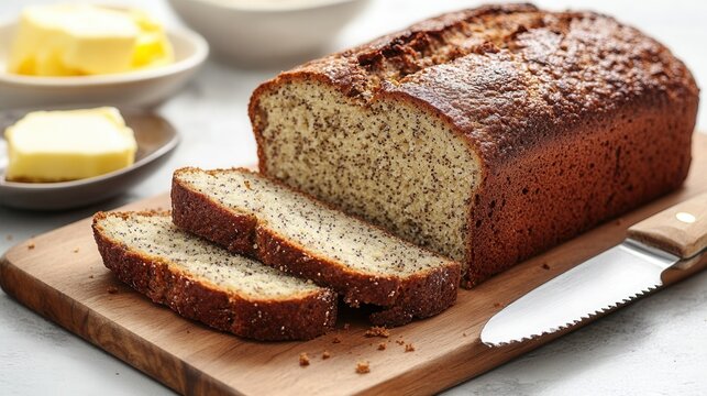 a loaf of freshly baked gluten-free bread made with rice flour, sliced and displayed on a wooden board with a knife and butter. 