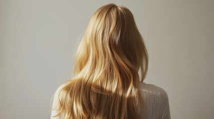 Naklejka premium Beautiful model girl with Blond hair strand,silky healthy wavy hair strand,hair wavy ribbon, with smooth,Keratin straightening,Treatment,straight long hair,procedures,Smooth hairstyle.