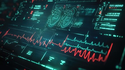 Obraz premium Set of virtual medical HUD elements like ECG monitors, DNA structures, and health statistics, designed for advanced medical research and examinations.