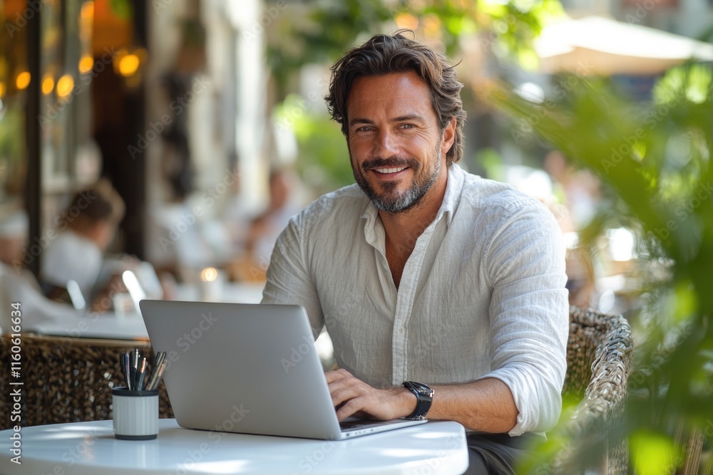 Poster a person sits at a table with a laptop open, likely working or studying