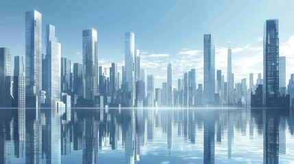 Obraz premium Sleek modern reflective skyscrapers towering over the city, showcasing business office buildings with a clear sky backdrop.