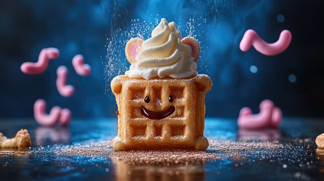 Cute waffle dessert with whipped cream and gummy candies.