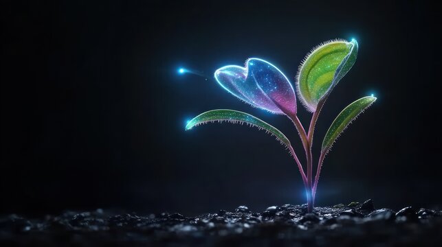 A glowing plant sprouting from dark soil, symbolizing growth.