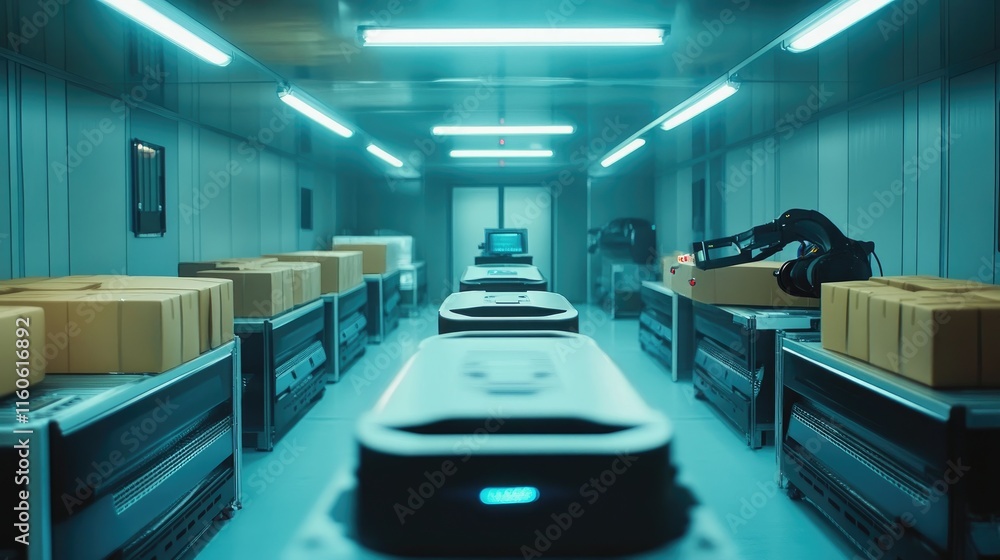 Poster Smart robots sorting and organizing packages in an automated warehouse, demonstrating efficient logistics technology.