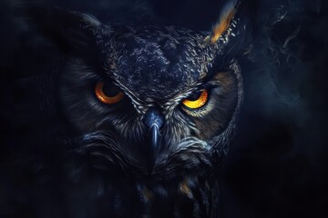 A majestic owl with striking orange eyes gazes intensely from a dark, shadowy environment, showcasing its sharp features and fascinating textures in the night.