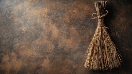 Rustic natural broom with tied twine on textured brown background