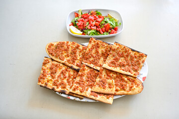 Kiymali pide. Turkish pide with minced meat. Turkish pizza mince pita Pide on white background. Etli ekmek. Kusbasi kasarli, kiymali kasarli, kiymali yumurtali, Bafra, Trabzon, Kusbasili pide.