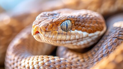 Fototapeta premium Stunning close-up shot of a blue viper snake, showcasing its menacing look and unique color, with intricate texture on its scales.