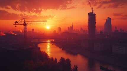 Fototapeta premium Stunning Moscow cityscape at sunset, featuring the International Business Center with construction cranes and the Moscow River.