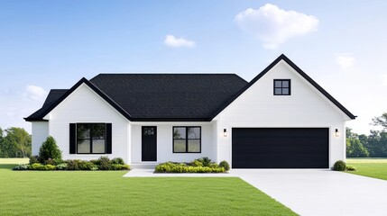 Fototapeta premium Modern white house with black accents and a manicured lawn.