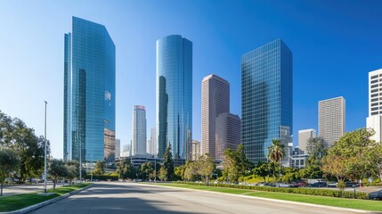 Stunning urban scene with shiny reflective skyscrapers and modern business office buildings under a cloudless sky.