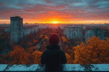 Fototapeta premium A person stands on a ledge gazing out at the setting sun