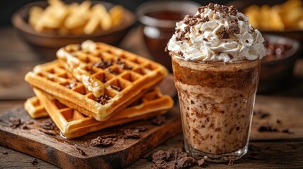 Delicious chocolate frappe with whipped cream and chocolate shavings served with waffles and honey.