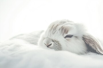 A peaceful scene with a white rabbit relaxing on a white blanket, great for illustrating serenity and calmness